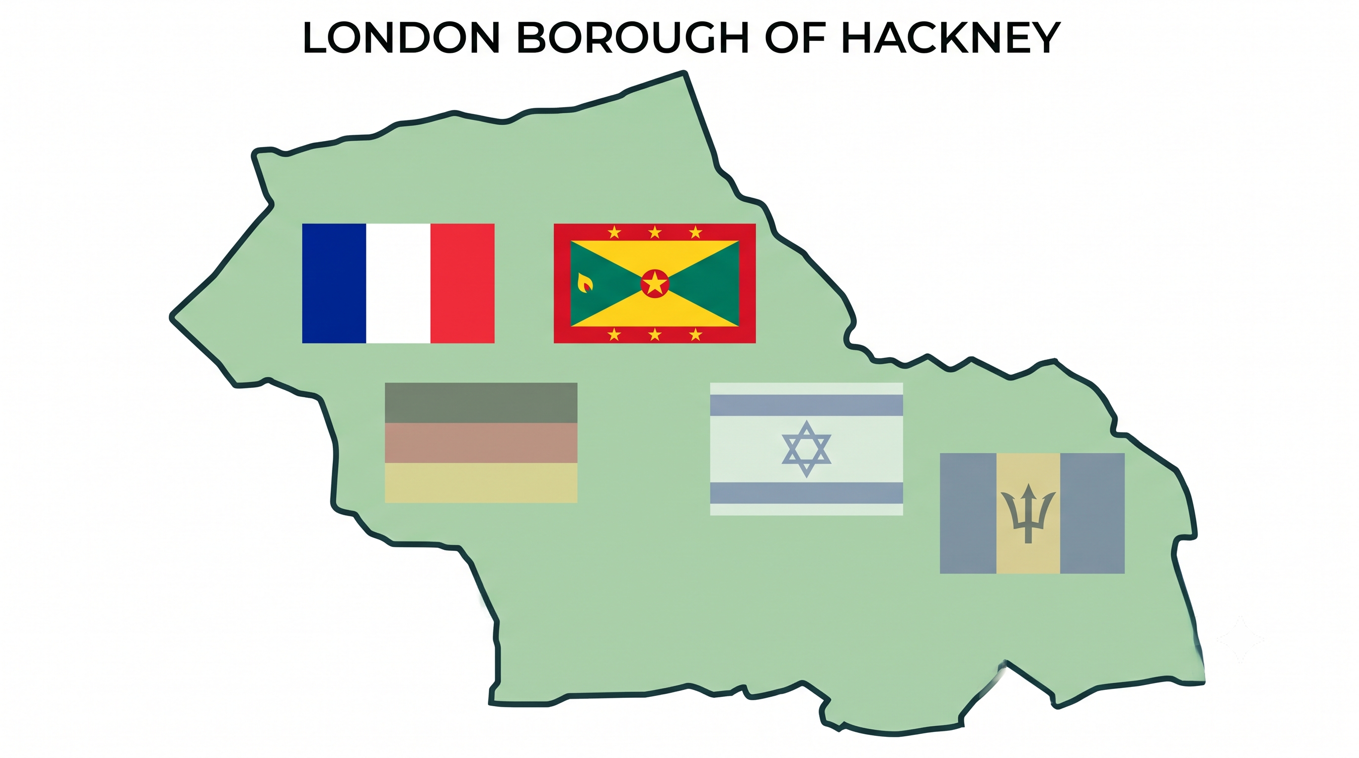 Image showing the outline of the Borough of Hackney. Within the outline are flags for France and Grenada in full colour, as these are currently active relationships. Flags for Germany, Israel and Barbados are shown in muted versions of the flags' colours as these are currently inactive relationships.