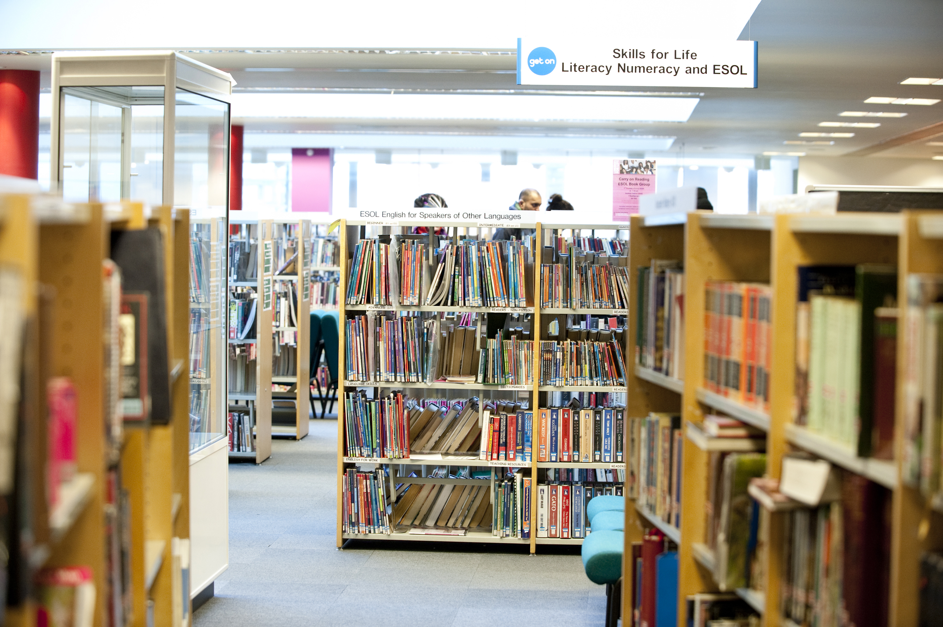 Bookshelves in Hackney Central library.