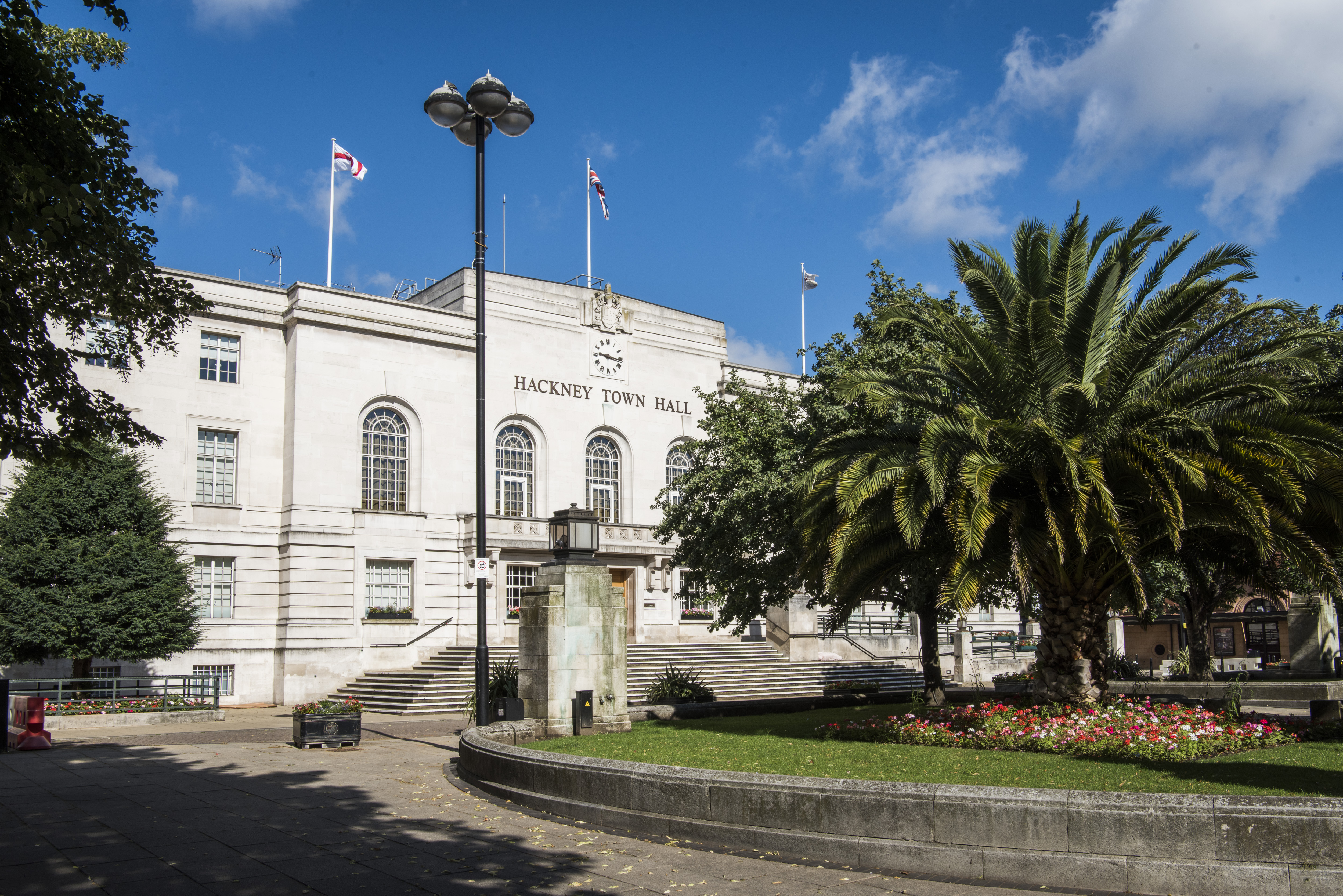Picture of the square out the front of Hackney Town Hall.