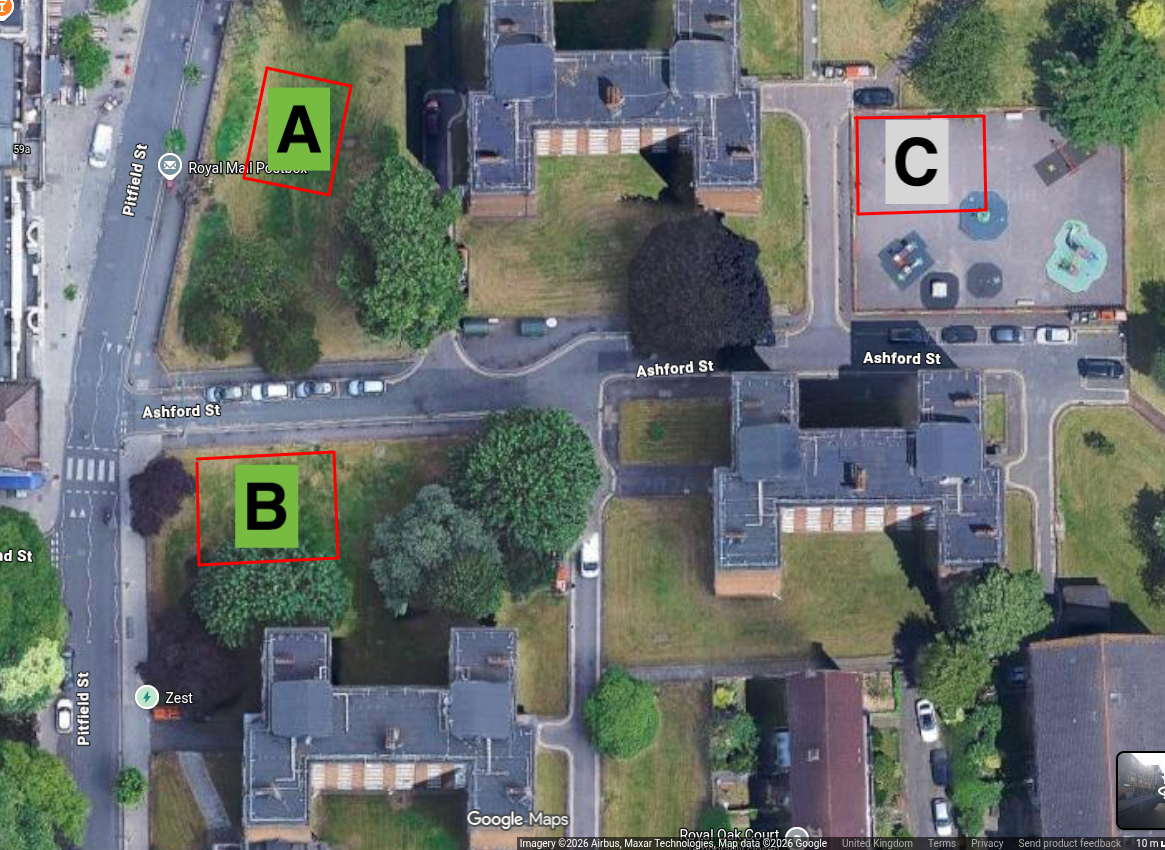 Map of Pitfield Estate showing suggested locations for the outdoor gym bars