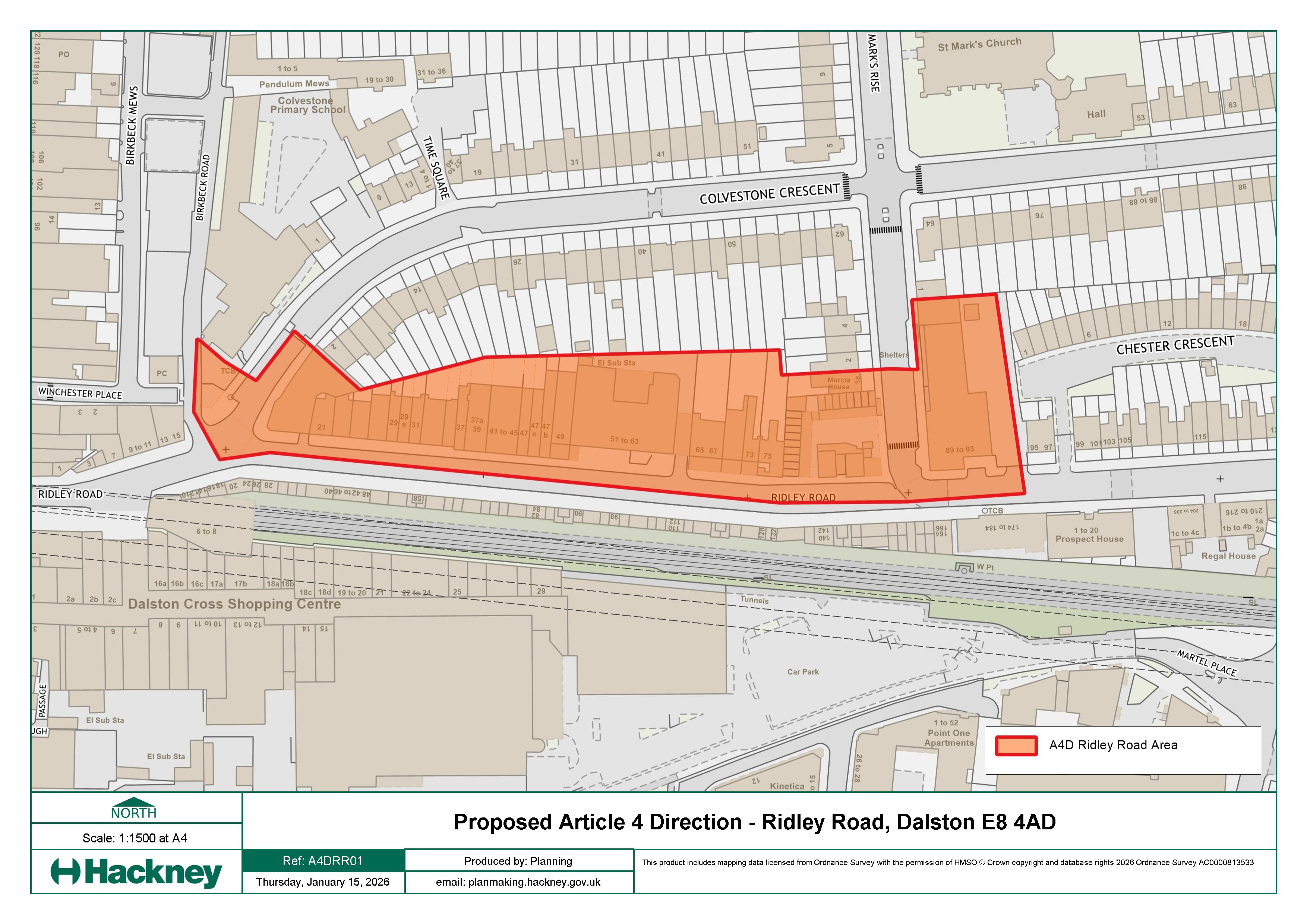 Map showing the proposed Article 4 Direction area in Dalston Town Centre. The boundary covers Ridley Road and immediately surrounding streets within Dalston. Properties inside the outlined area would be subject to the Article 4 Direction if it is confirmed.