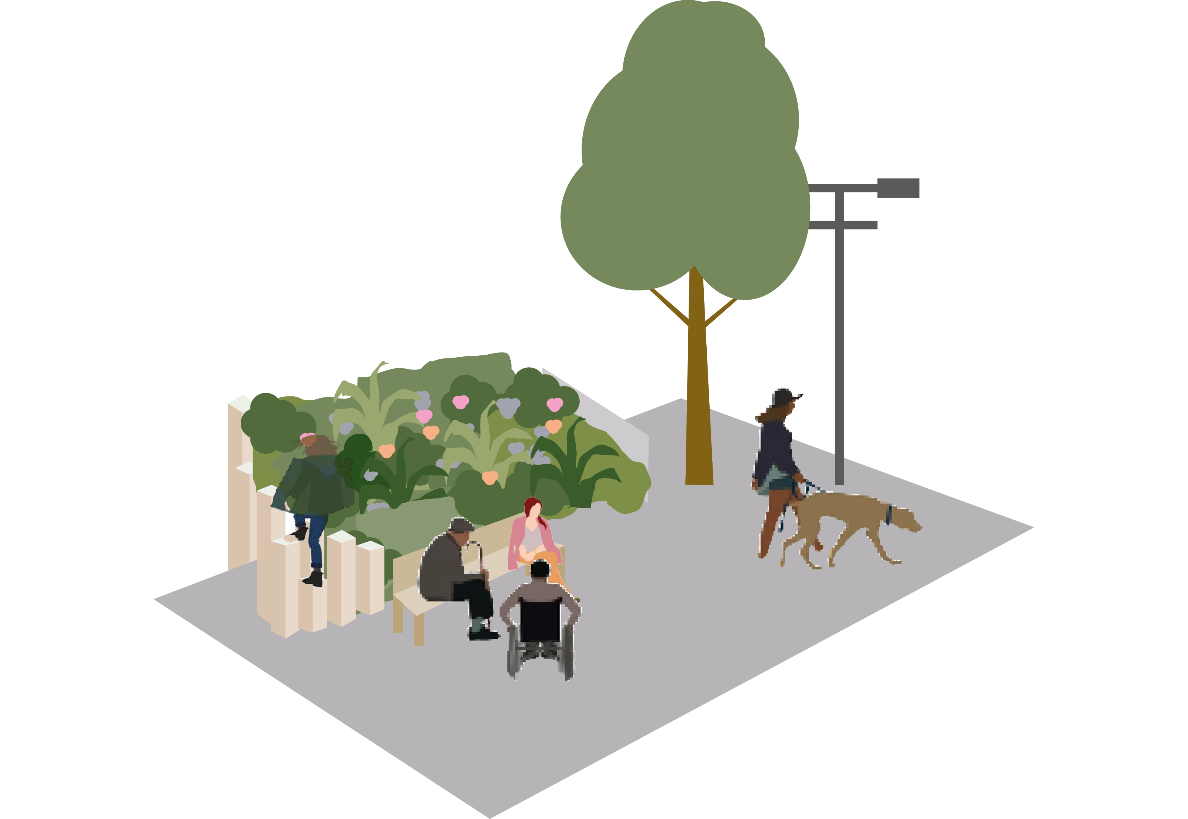 Illustration of a small public space with seating, planting and a tree, where people are sitting, talking and walking, including a wheelchair user and a person walking a dog.