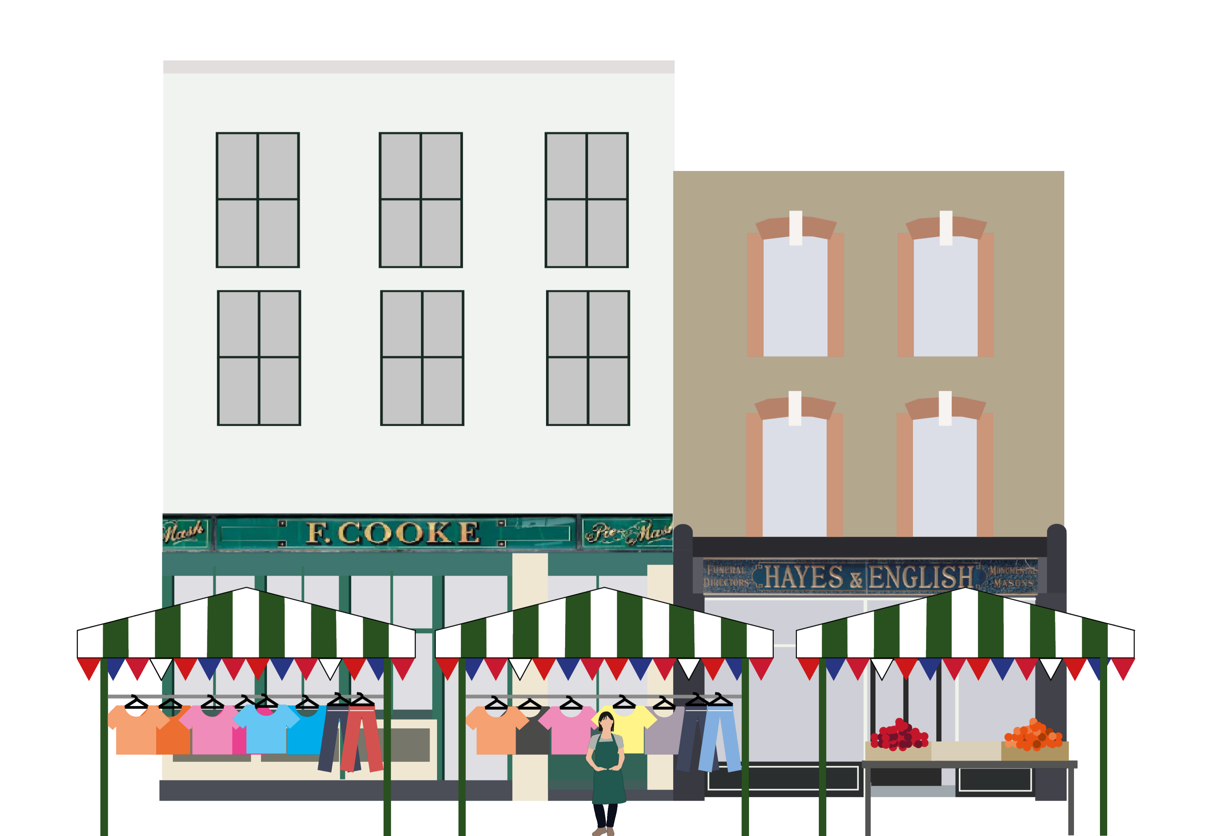 Illustration of a market street with striped stalls, local shops and a trader standing between clothing and produce stalls, representing a busy local market.