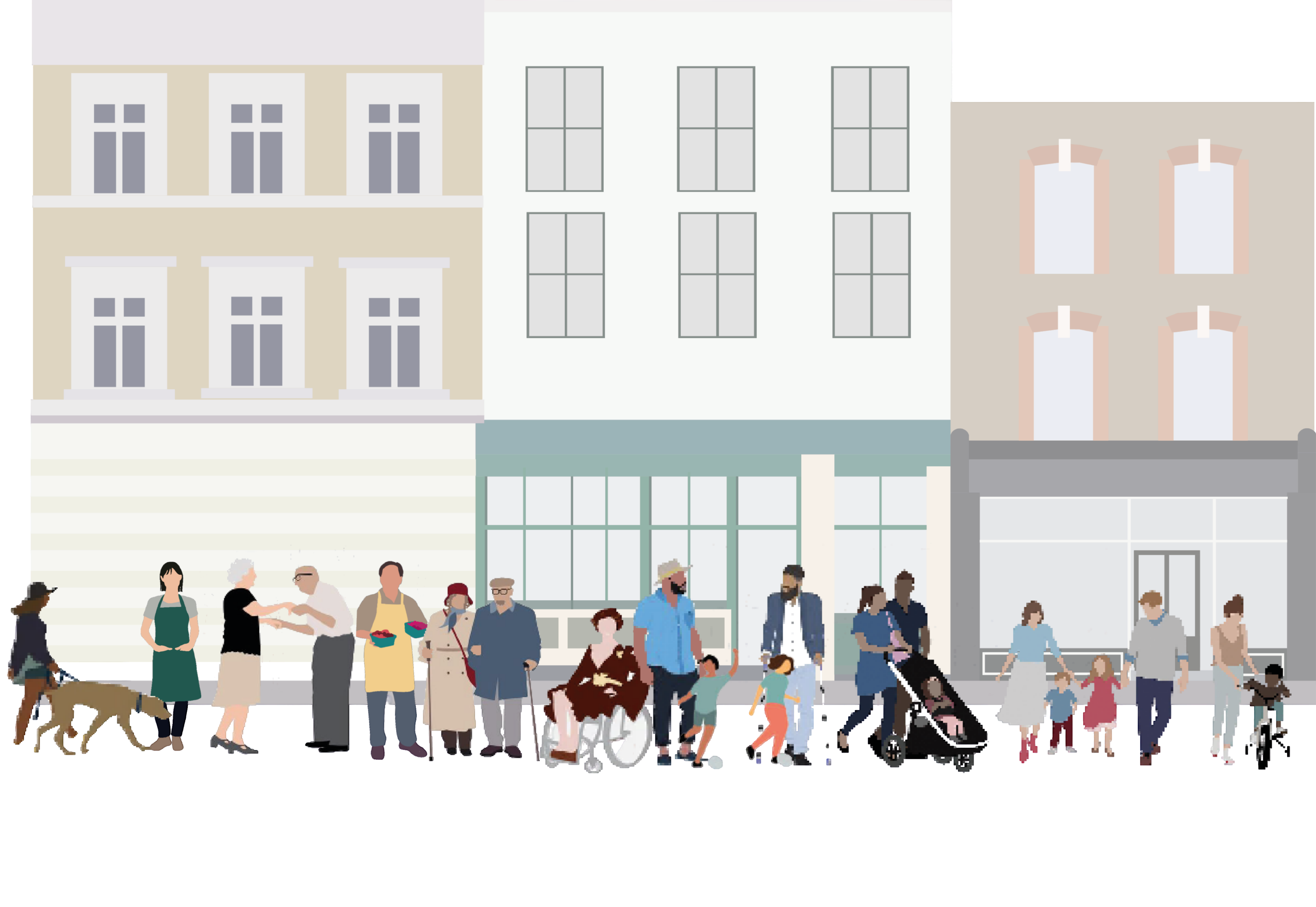illustration of people of different ages and abilities standing and moving along a street in front of local buildings, including families, older residents, wheelchair users and people with children.
