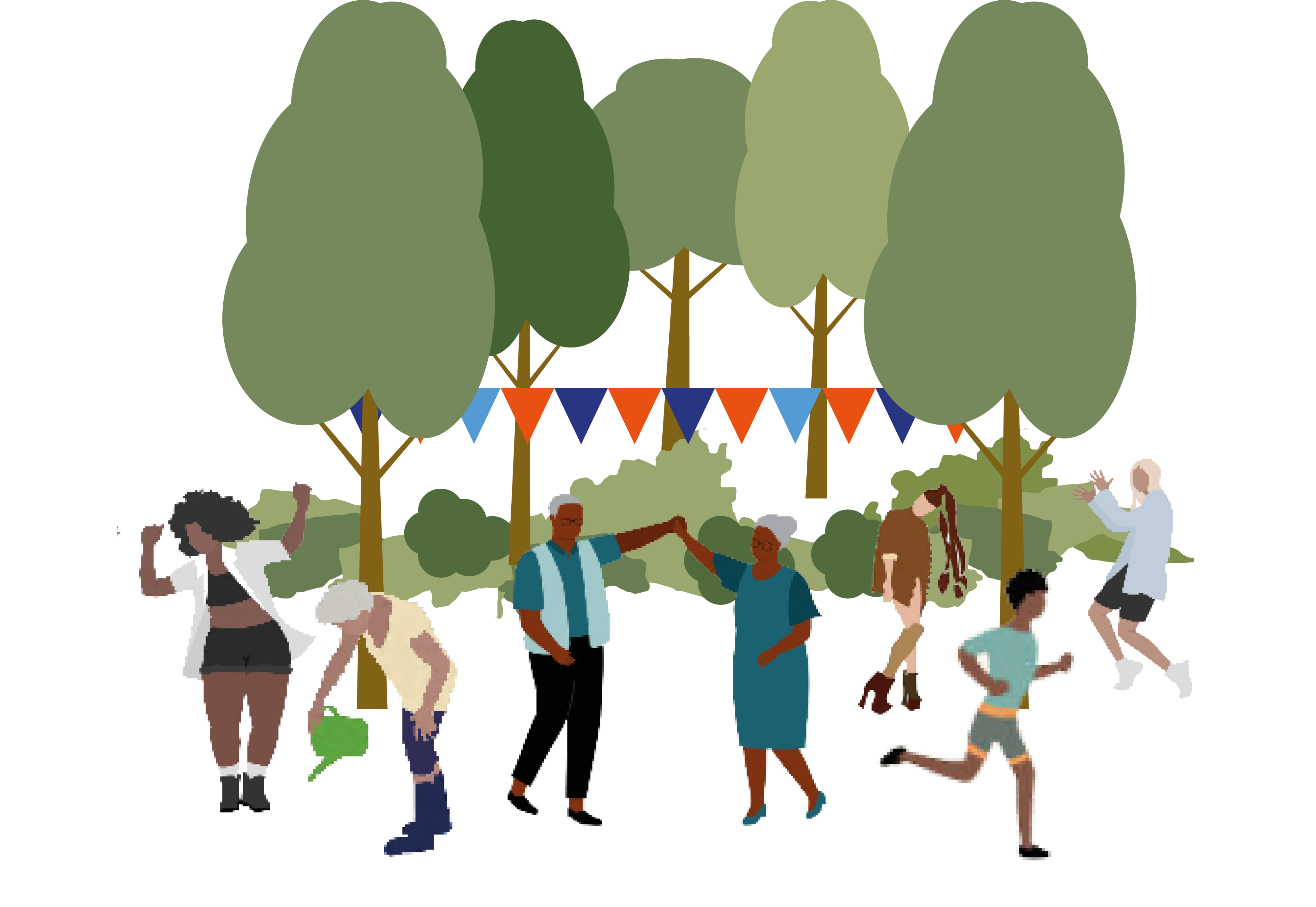 Illustration of people of different ages socialising, dancing and playing in a green outdoor space with trees and bunting, showing a lively community gathering.