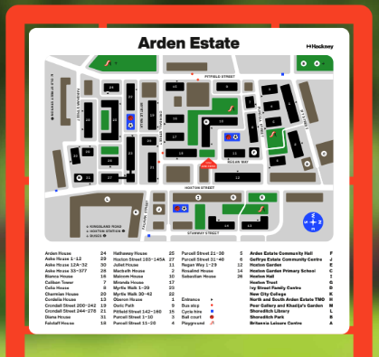 Illustrative community map of the Arden Estate showing homes, entrances, walking routes, local facilities, public transport connections and nearby destinations.