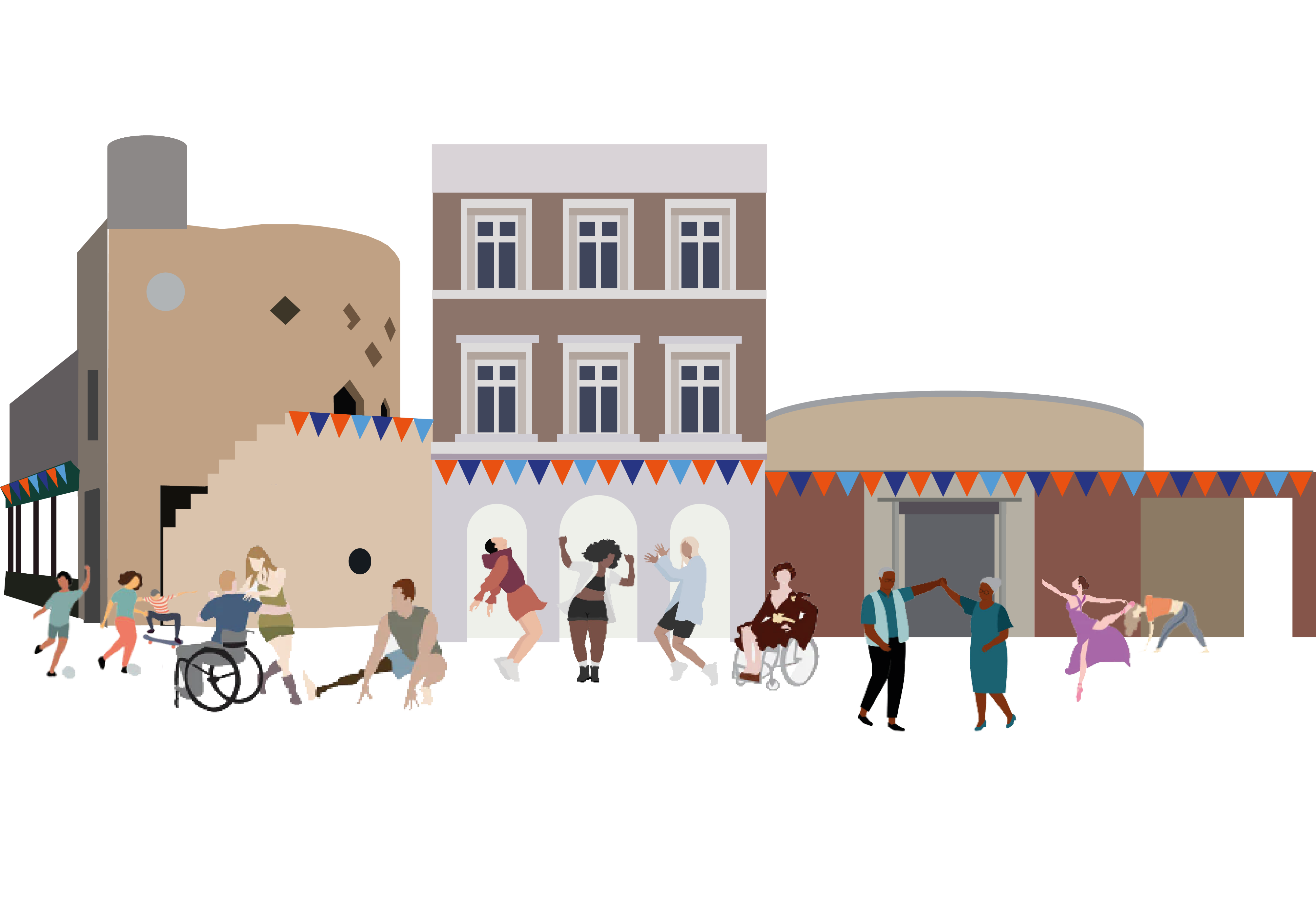 Illustration of people dancing, socialising and using mobility aids outside cultural and community buildings, showing inclusive activity across different ages and abilities.