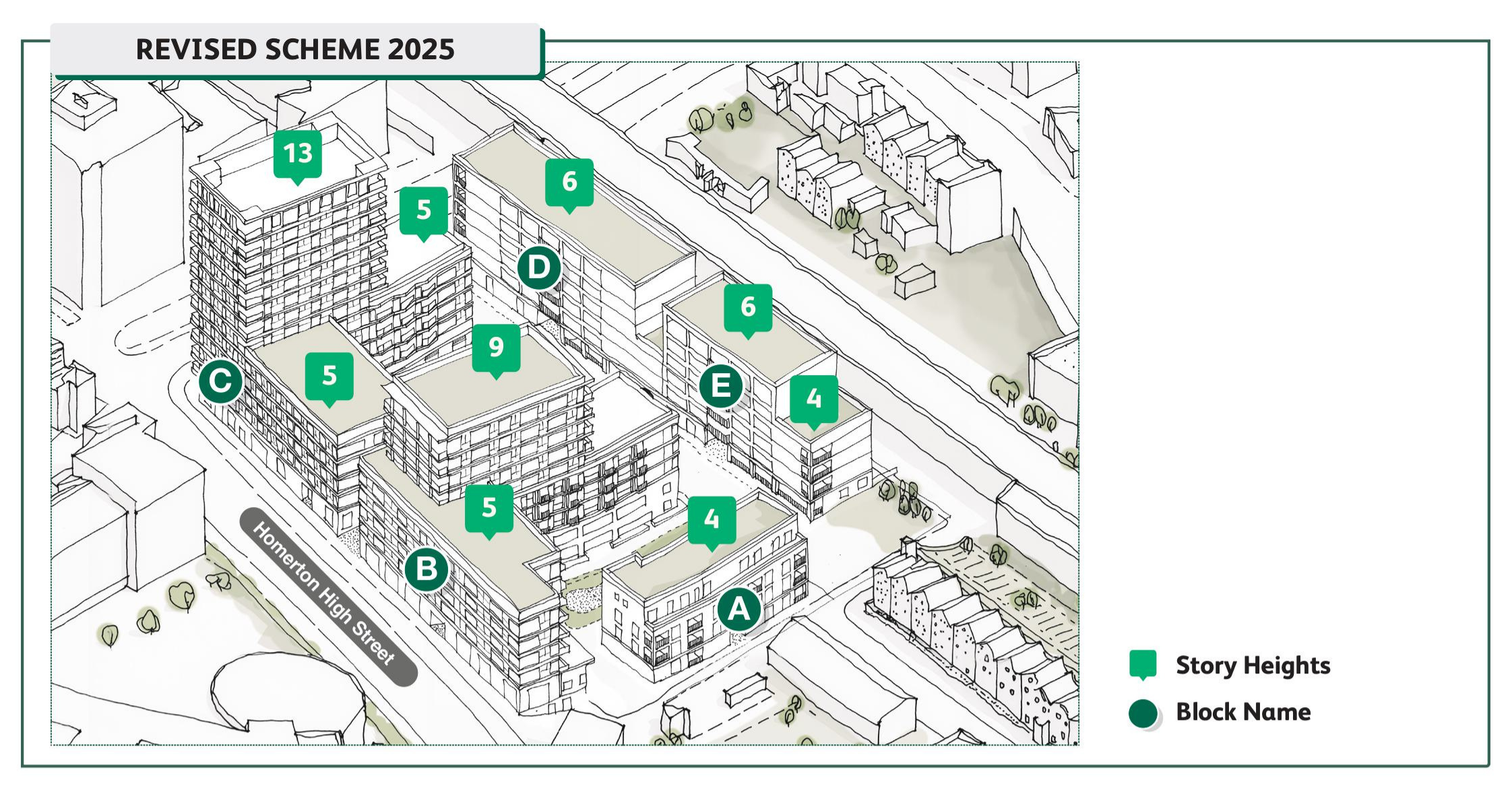 Illustrated aerial view of the revised Marian Court development showing five residential blocks labelled A to E, with green markers indicating the number of storeys for each building, ranging from four to thirteen storeys. The surrounding streets, including Homerton High Street, are shown to provide context for the scale and layout of the revised scheme.