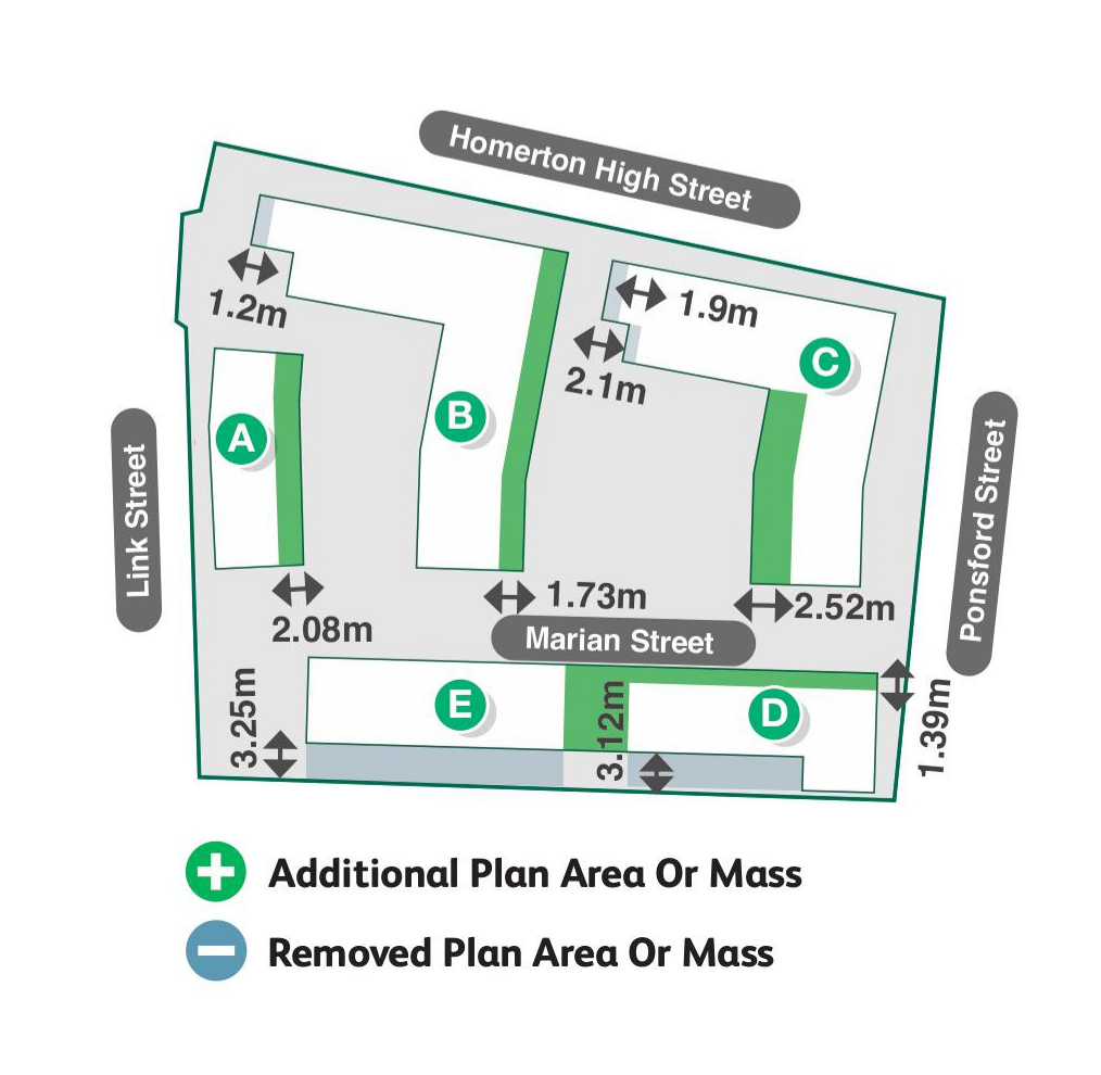 Plan view of the Marian Court site showing building footprints and areas of added or removed mass.