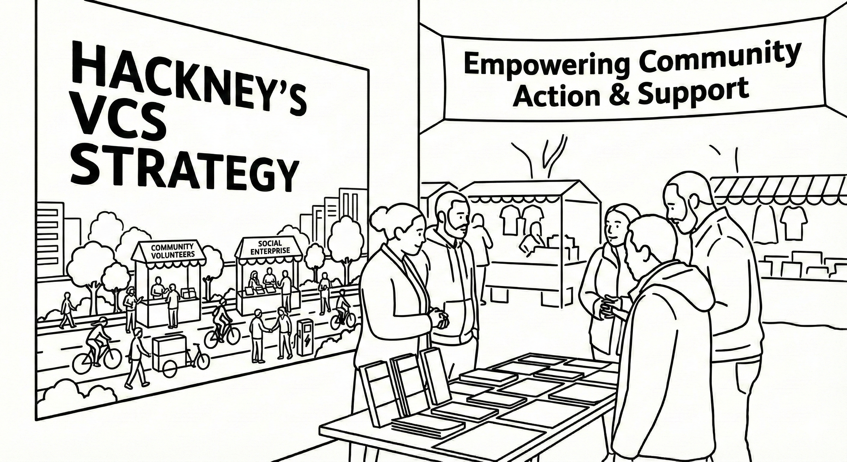 Green vector image of 5 people standing in a circle with their arms up.