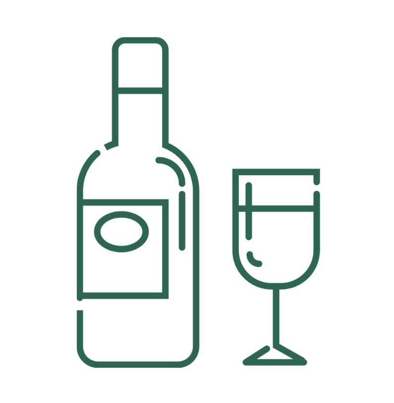 Green outline of a bottle of wine, next to a green outline of a glass of wine.