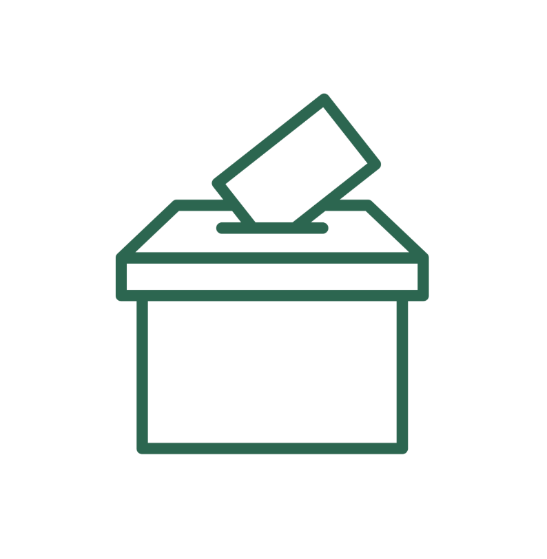 Green vector image of a box with a piece of paper being slotted into the top.