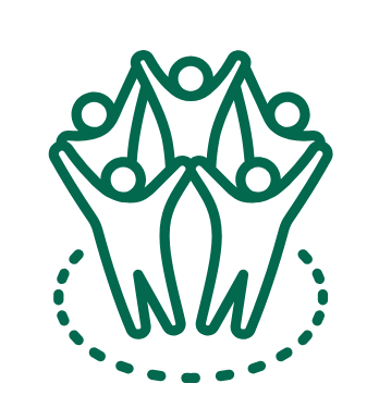 Green vector image of 5 people standing in a circle with their arms up. 